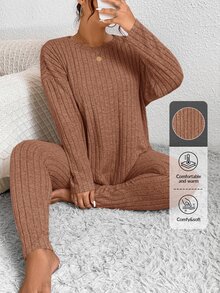 SHEIN Frenchy 大码休闲纯色上衣和裤子两件套 - 橘色 - 查看 8
