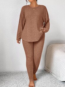SHEIN Frenchy 大码休闲纯色上衣和裤子两件套 - 橘色 - 查看 3