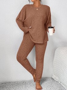 SHEIN Frenchy 大码休闲纯色上衣和裤子两件套 - 橘色 - 查看 6