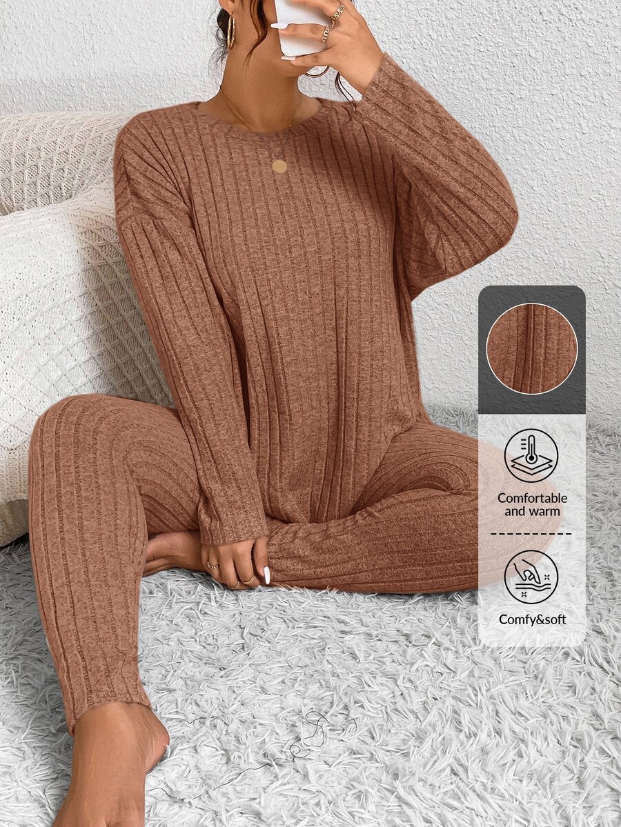 SHEIN Frenchy 大码休闲纯色上衣和裤子两件套 - 橘色 - 查看 1
