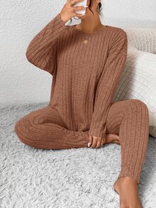 SHEIN Frenchy 大码休闲纯色上衣和裤子两件套 - 橘色 - 查看 7