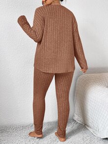 SHEIN Frenchy 大码休闲纯色上衣和裤子两件套 - 橘色 - 查看 2