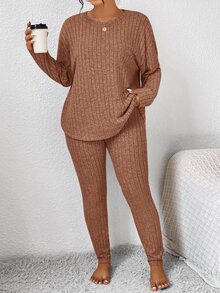 SHEIN Frenchy 大码休闲纯色上衣和裤子两件套 - 橘色 - 查看 5