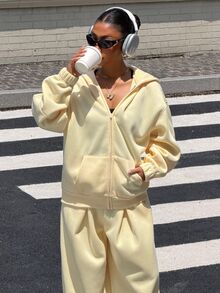 Muchica Women's Solid Color Hooded Zip-Up Long Sleeve Top And Wide Leg Pants 2 Pieces Set Autumn And Winter Thick Warm Pale Yellow Basic Casual Travel Airport - Light Yellow - View 6