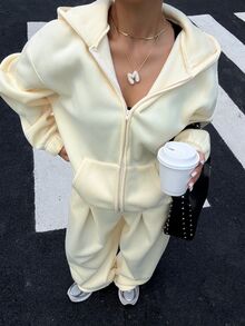 Muchica Women's Solid Color Hooded Zip-Up Long Sleeve Top And Wide Leg Pants 2 Pieces Set Autumn And Winter Thick Warm Pale Yellow Basic Casual Travel Airport - Light Yellow - View 1