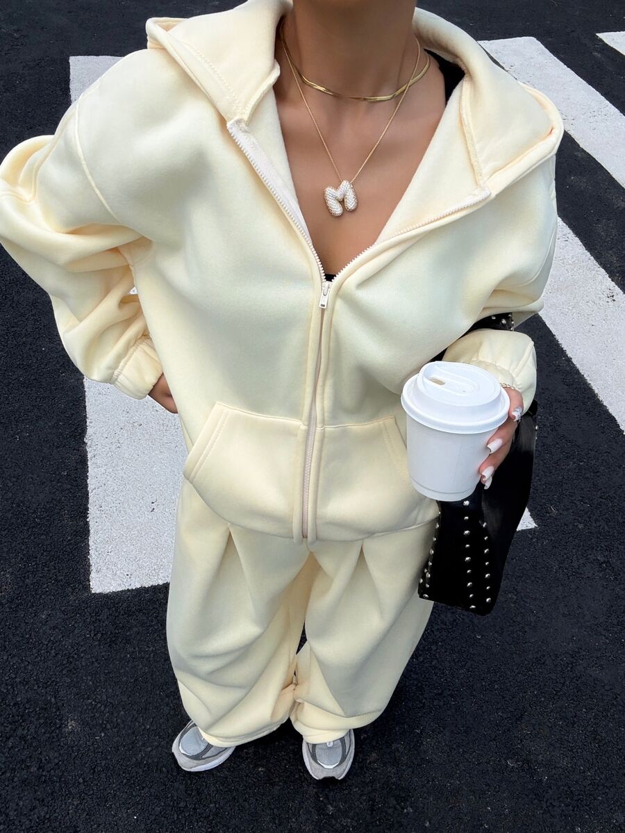Muchica Women's Solid Color Hooded Zip-Up Long Sleeve Top And Wide Leg Pants 2 Pieces Set Autumn And Winter Thick Warm Pale Yellow Basic Casual Travel Airport - Light Yellow - View 1