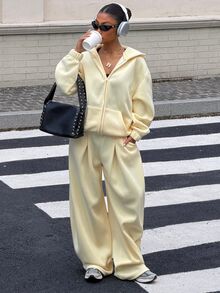 Muchica Women's Solid Color Hooded Zip-Up Long Sleeve Top And Wide Leg Pants 2 Pieces Set Autumn And Winter Thick Warm Pale Yellow Basic Casual Travel Airport - Light Yellow - View 3