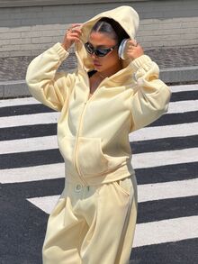 Muchica Women's Solid Color Hooded Zip-Up Long Sleeve Top And Wide Leg Pants 2 Pieces Set Autumn And Winter Thick Warm Pale Yellow Basic Casual Travel Airport - Light Yellow - View 4
