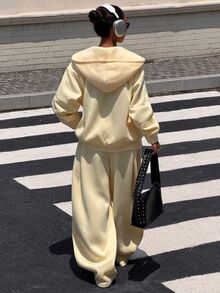 Muchica Women's Solid Color Hooded Zip-Up Long Sleeve Top And Wide Leg Pants 2 Pieces Set Autumn And Winter Thick Warm Pale Yellow Basic Casual Travel Airport - Light Yellow - View 2