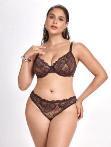 Slumbrini 1 Set Women's Solid Color Lace Underwire Plus Size Bra Set, Lift - Chocolate Brown - View 1