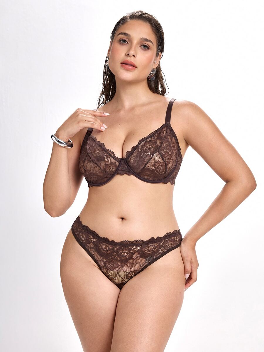 Slumbrini 1 Set Women's Solid Color Lace Underwire Plus Size Bra Set, Lift - Chocolate Brown - View 1