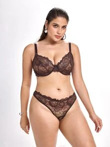 Slumbrini 1 Set Women's Solid Color Lace Underwire Plus Size Bra Set, Lift - Chocolate Brown - View 4