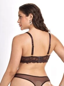 Slumbrini 1 Set Women's Solid Color Lace Underwire Plus Size Bra Set, Lift - Chocolate Brown - View 2