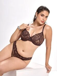 Slumbrini 1 Set Women's Solid Color Lace Underwire Plus Size Bra Set, Lift - Chocolate Brown - View 8