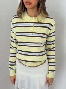 Aloruh Women's Fall Polo Collar, Pale Yellow Long Sleeve Sweater, Preppy French Style, Casual, Warm, School Everyday - Multicolor - View 7