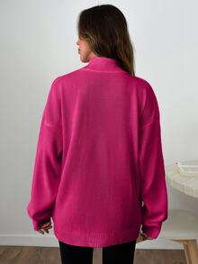 EURMUSE Round Neck Solid Color Drop Shoulder Casual Sweater - Pink - View 2