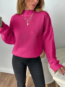 EURMUSE Round Neck Solid Color Drop Shoulder Casual Sweater - Pink - View 4
