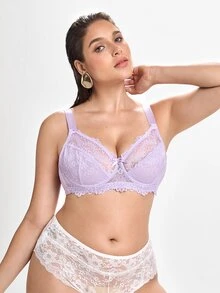 Slumbrini Plus Size Lace Patchwork Underwire Bra, 1pc - Purple - View 5