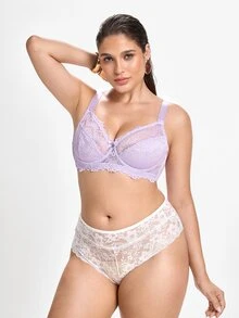 Slumbrini Plus Size Lace Patchwork Underwire Bra, 1pc - Purple - View 7