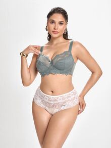 Slumbrini Plus Size Lace Patchwork Underwire Bra, 1pc - Army Green - View 7