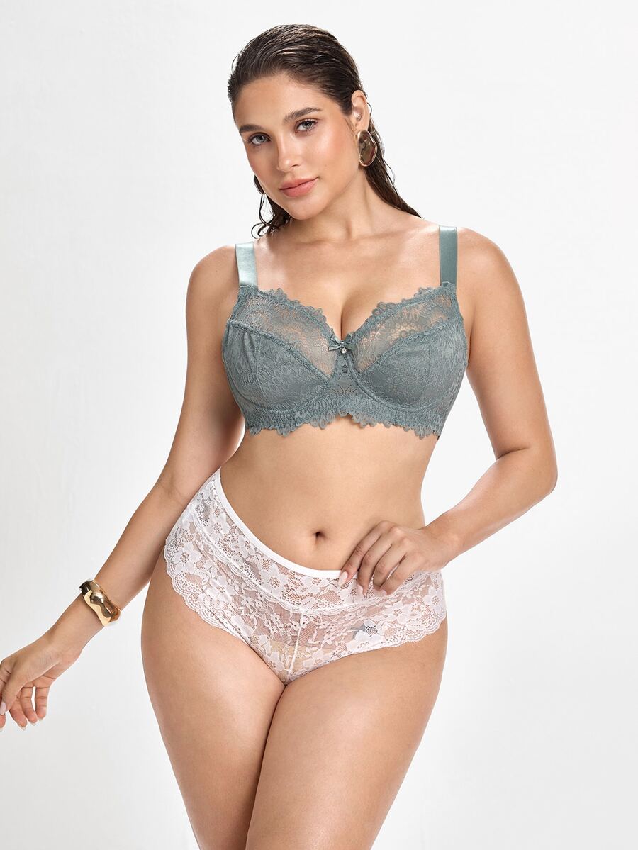 Slumbrini Plus Size Lace Patchwork Underwire Bra, 1pc - Army Green - View 1