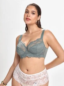 Slumbrini Plus Size Lace Patchwork Underwire Bra, 1pc - Army Green - View 3