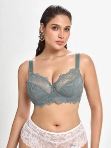 Slumbrini Plus Size Lace Patchwork Underwire Bra, 1pc - Army Green - View 5