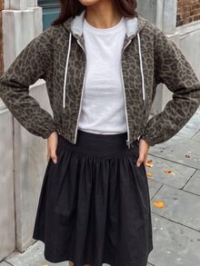 Rivivi 女款休閒街頭風連帽拉鍊豹紋水洗牛仔外套，灰色豹紋，適合度假日常，秋季穿搭 - 彩色 - 查看 1