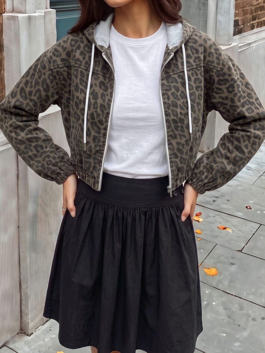Rivivi 女款休閒街頭風連帽拉鍊豹紋水洗牛仔外套,灰色豹紋,適合度假日常,秋季穿搭 - 彩色 - 查看 1