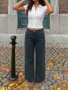Rivivi Women's Fashion Striped Print Washed Denim Wide Leg Pants - Dark Grey - View 3