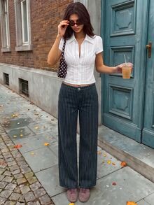 Rivivi Women's Fashion Striped Print Washed Denim Wide Leg Pants - Dark Grey - View 4