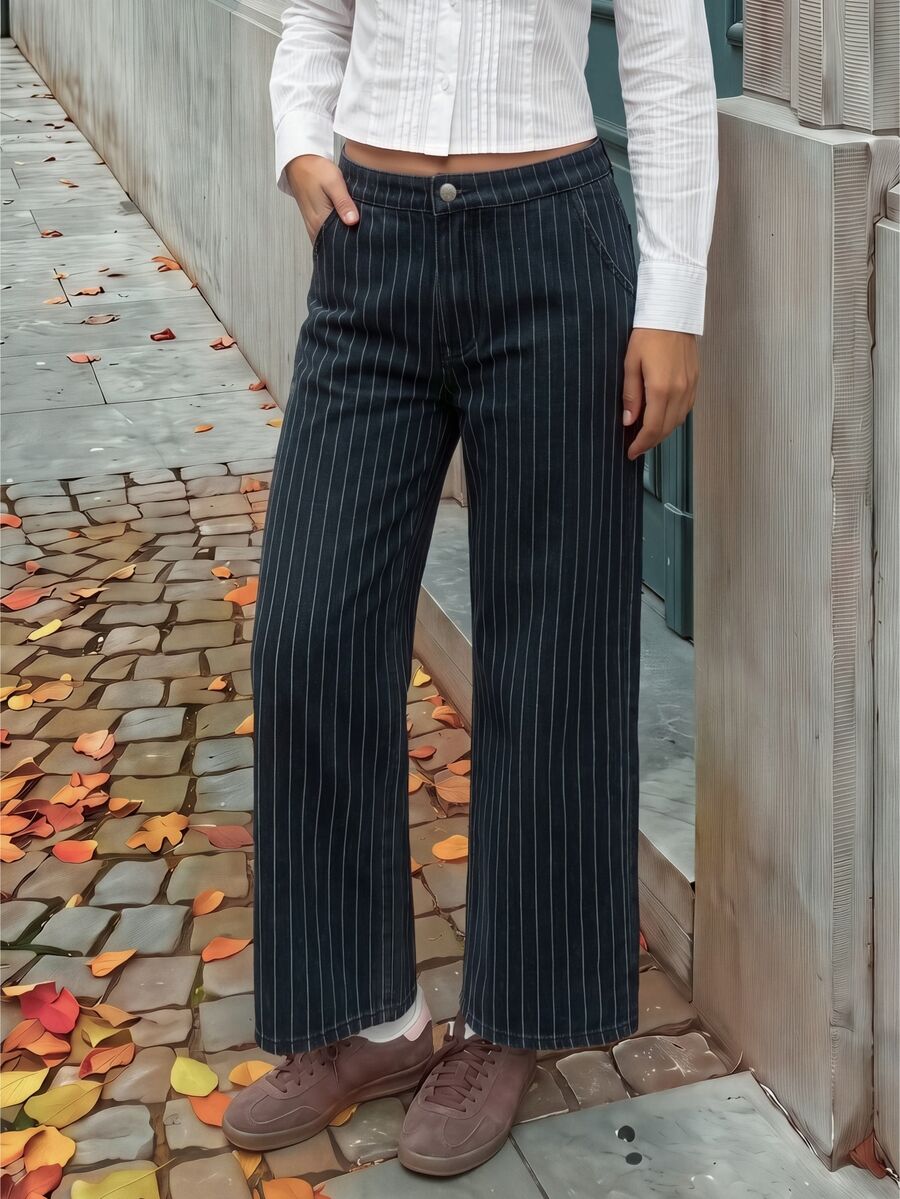 Rivivi Women's Fashion Striped Print Washed Denim Wide Leg Pants - Dark Grey - View 1