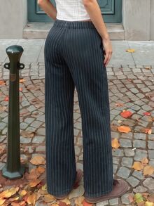 Rivivi Women's Fashion Striped Print Washed Denim Wide Leg Pants - Dark Grey - View 2
