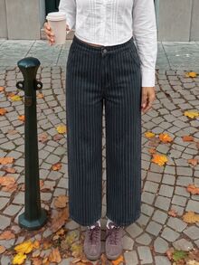 Rivivi Women's Fashion Striped Print Washed Denim Wide Leg Pants - Dark Grey - View 6