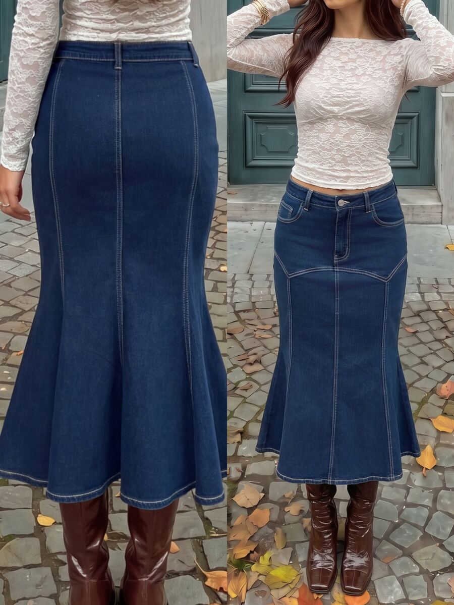 Rivivi High Elasticity Mermaid Denim Maxi Skirt - Royal Blue - View 1