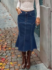 Rivivi High Elasticity Mermaid Denim Maxi Skirt - Royal Blue - View 8
