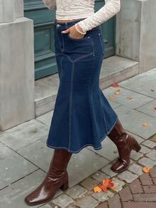 Rivivi High Elasticity Mermaid Denim Maxi Skirt - Royal Blue - View 6