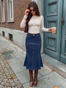 Rivivi High Elasticity Mermaid Denim Maxi Skirt - Royal Blue - View 7