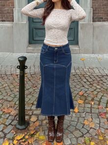 Rivivi High Elasticity Mermaid Denim Maxi Skirt - Royal Blue - View 3