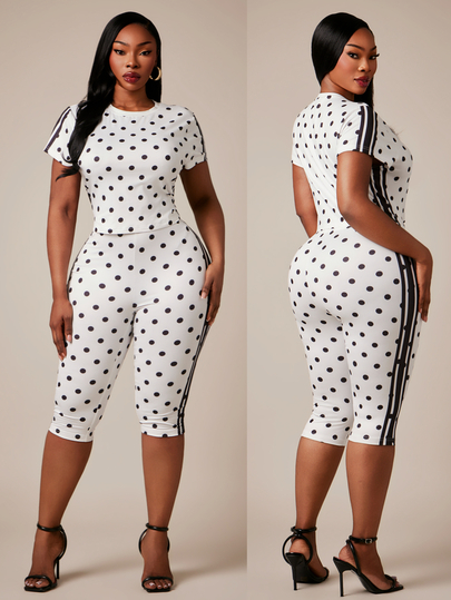 Radiana Conjunto de 2 piezas de camiseta de manga corta con cuello redondo y capris para mujer de talla grande, estilo casual, sexy, cómodo y minimalista, con estampado de lunares y rayas, ajustado, adecuado para uso diario, hogar, calle, citas, ceñido