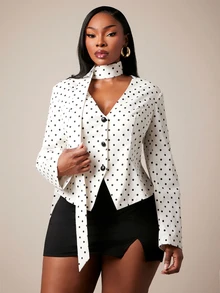 SHEIN SXY Blazer Slim-Fit Leher V Motif Polkadot Putih Ukuran Plus dengan Hiasan Pita, Elegan, Musim Gugur/Dingin, Seksi, Kantor, Formal - Putih - View 6