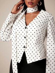 SHEIN SXY Blazer Slim-Fit Leher V Motif Polkadot Putih Ukuran Plus dengan Hiasan Pita, Elegan, Musim Gugur/Dingin, Seksi, Kantor, Formal - Putih - View 8