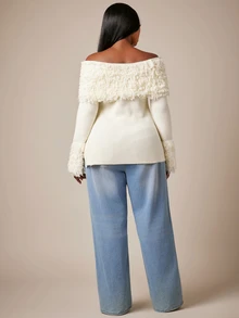 Radiana Plus Size Women's Solid Color Off-Shoulder Long Sleeve Side Slit Hem Fashion Pullover Sweater Fall - White - View 6