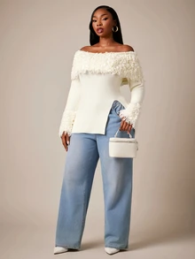 Radiana Plus Size Women's Solid Color Off-Shoulder Long Sleeve Side Slit Hem Fashion Pullover Sweater Fall - White - View 7