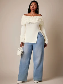 Radiana Plus Size Women's Solid Color Off-Shoulder Long Sleeve Side Slit Hem Fashion Pullover Sweater Fall - White - View 4