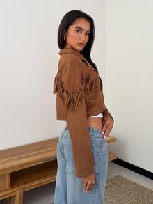 Glamine Women's Autumn/Winter Fashion New Style Regular Shoulder Lapel Single-Breasted Button Front Solid Color Short Cropped Jacket With Tassel Patchwork For Holiday Party - Brown - View 4