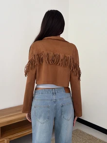 Glamine Women's Autumn/Winter Fashion New Style Regular Shoulder Lapel Single-Breasted Button Front Solid Color Short Cropped Jacket With Tassel Patchwork For Holiday Party - Brown - View 2