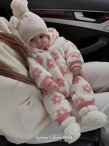 Cozy Pixies Baby Girl Floral Pattern Thermal Lined Thick Hooded Long Sleeve Winter Jumpsuit, Versatile And Comfortable - Pink - View 9