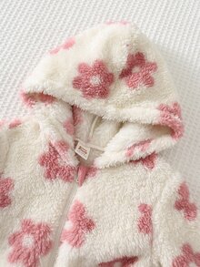 Cozy Pixies Baby Girl Floral Pattern Thermal Lined Thick Hooded Long Sleeve Winter Jumpsuit, Versatile And Comfortable - Pink - View 3