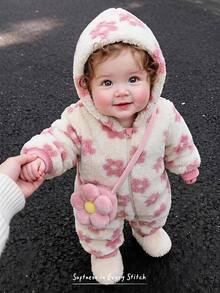 Cozy Pixies Baby Girl Floral Pattern Thermal Lined Thick Hooded Long Sleeve Winter Jumpsuit, Versatile And Comfortable - Pink - View 8